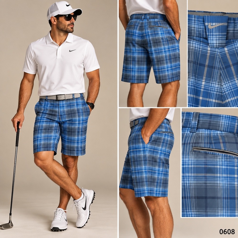 Nike Golf Shorts Mens 36 Blue Plaid Dri-FIT Tour Performance Flat Front 0608